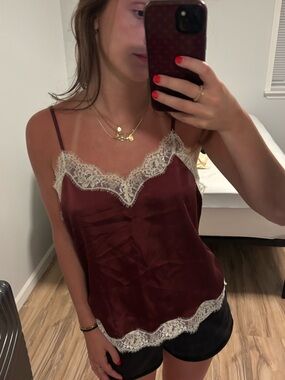 Lace Trim Satin Camisole Tank Top - Burgundy
